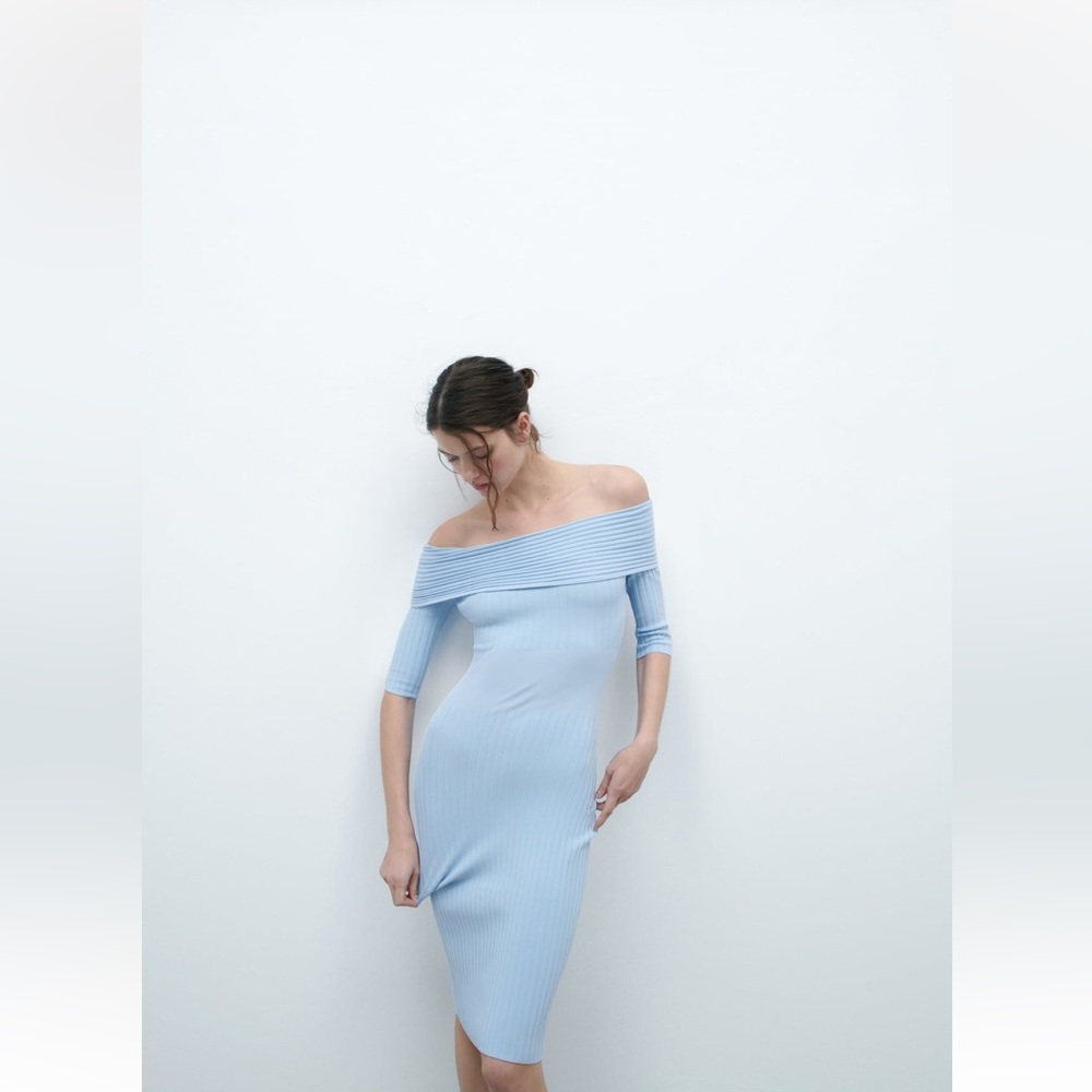 Zara OFF-THE-SHOULDER KNIT DRESS. Light Blue. Size S. New with Tags. - Picture 3 of 10